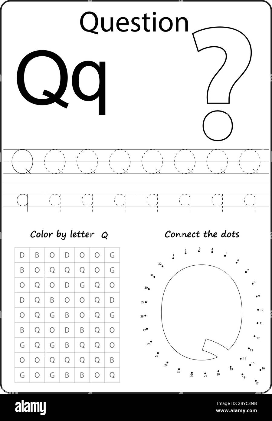 letter Q. Alphabet letter. Worksheet. Task for kids. learning letters Stock Vector