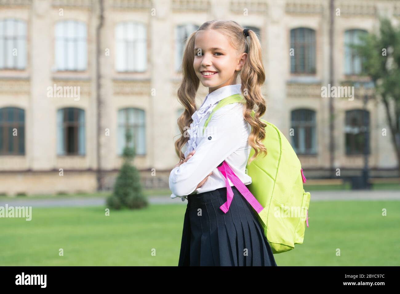 Back In September Happy Child Go To School Little Girl Wear School Uniform September 1 Back To School Back To Class School Pack Education And Study Back To Learning Startup Stock Photo