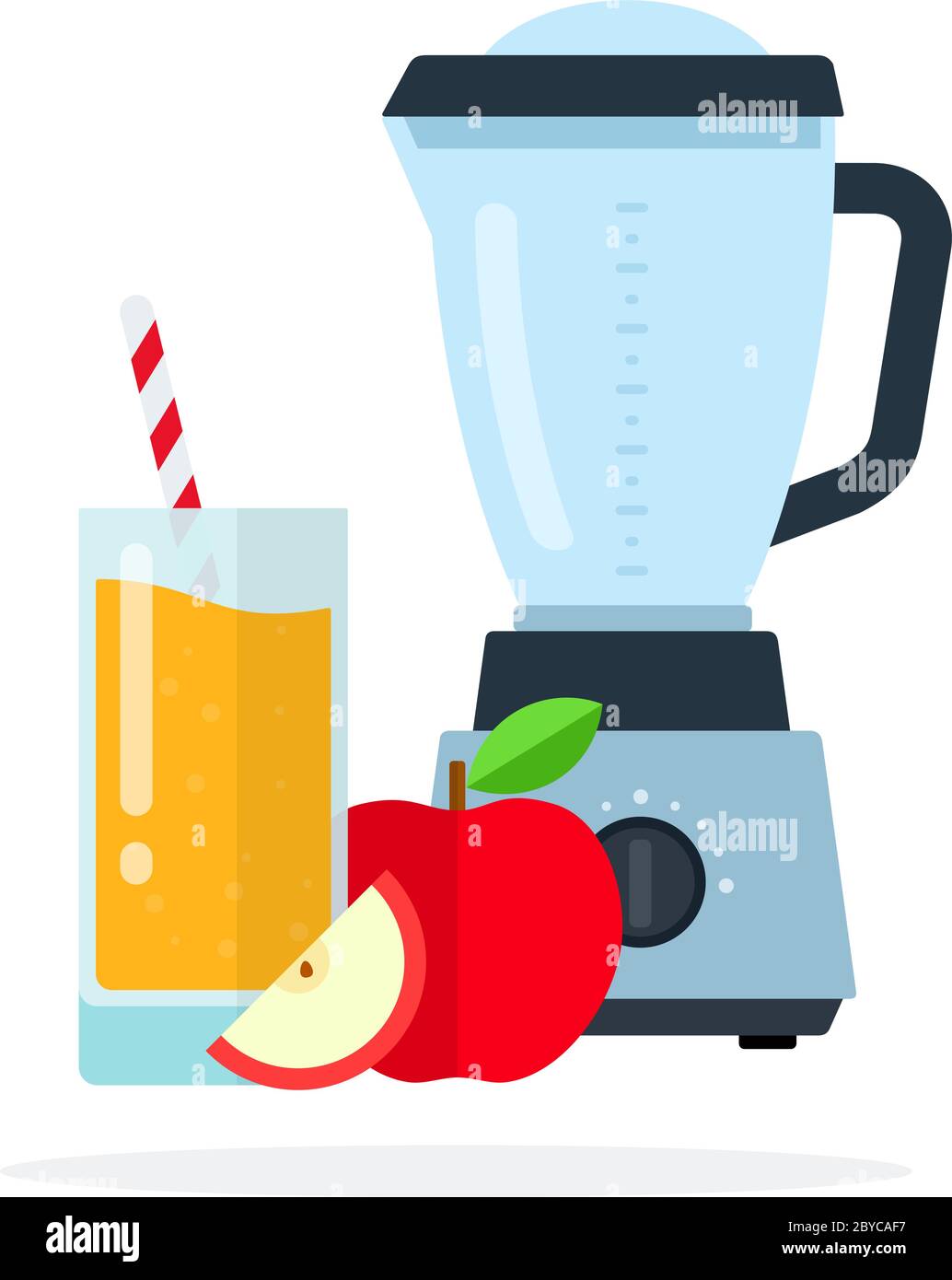 Blender for fruit, apple juice in a glass with straws and a red apple near flat isolated Stock Vector