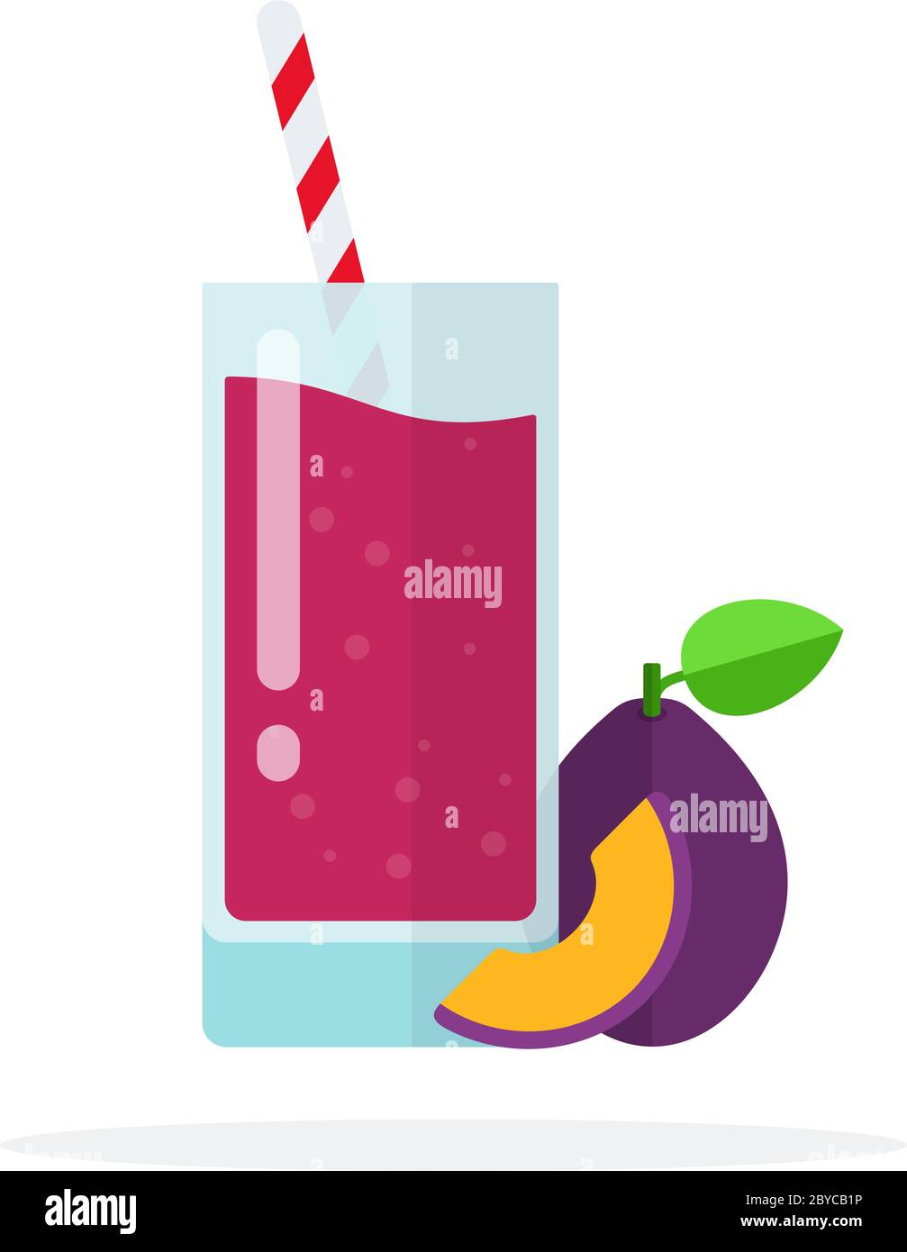 Plum juice in a glass with straws, a slice of plum and a whole plum flat isolated Stock Vector