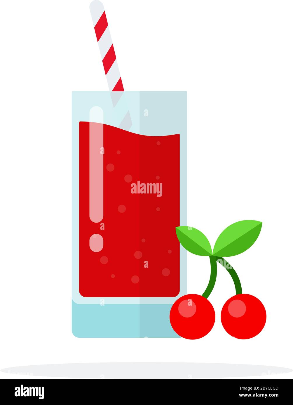 A branch of cherry and a glass of cherry juice with straws flat isolated Stock Vector