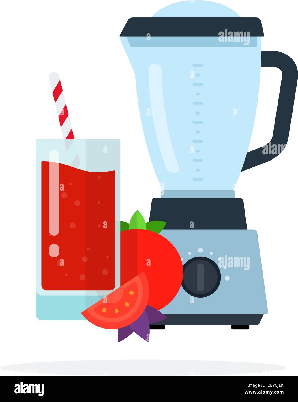 A glass of tomato juice with straws, a whole tomato, a tomato segment and a blender flat isolated Stock Vector