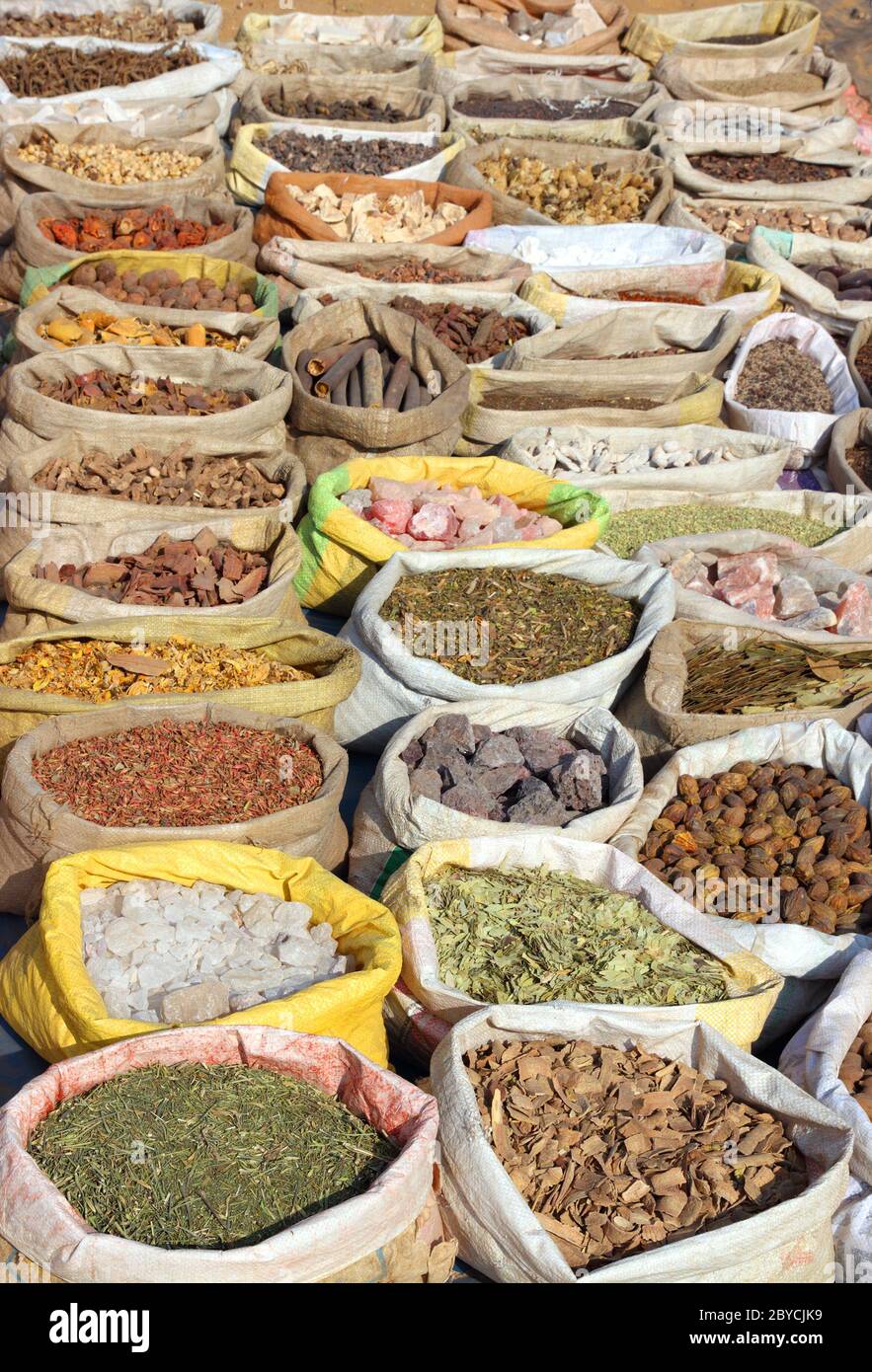 bags with spices on indian market Stock Photo