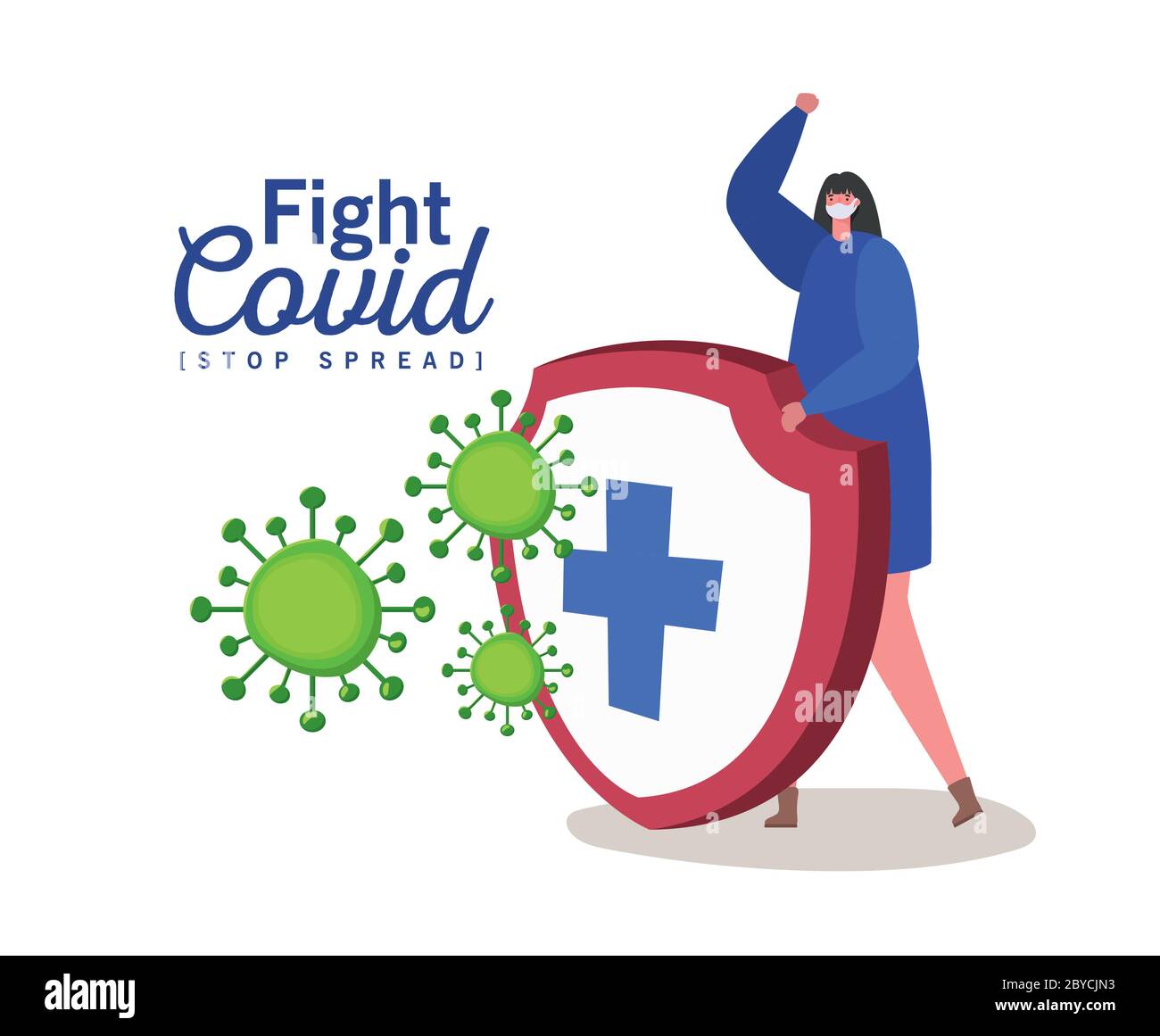 Woman with mask and shield with cross design of Fight covid 19 virus ...