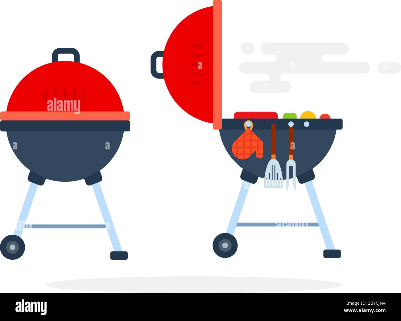 Open and closed round grill with grilling equipment flat isolated Stock