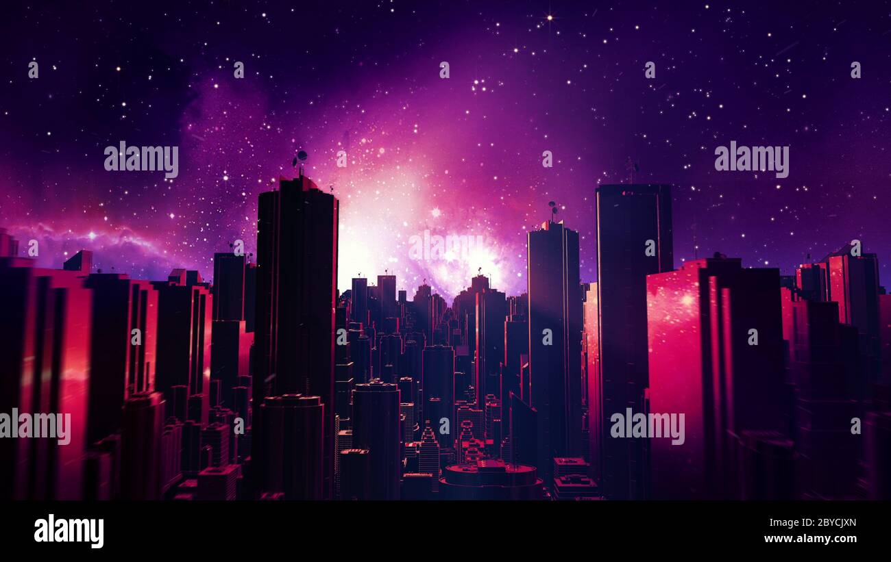 Retro futuristic city flythrough background. 80s sci-fi landscape in space  Stock Photo - Alamy, image size:1300x821