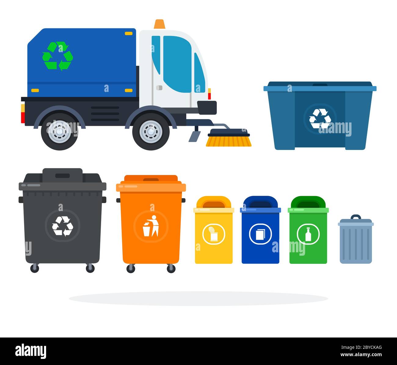Set of vacuum sweeper and garbage cans and containers vector icon flat ...