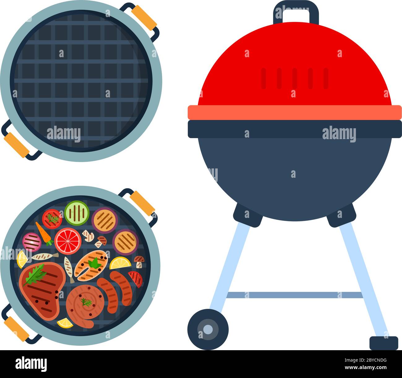 Grill on wheels, round grill with meat, fish and vegetables top view