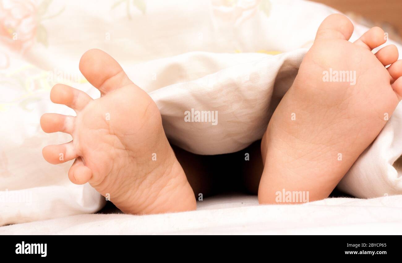 Baby feet under a blanket Stock Photo Alamy