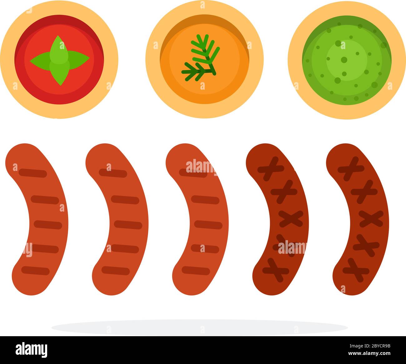 Grilled sausages in a row. Tomato, mustard and pesto sauce vector flat isolated Stock Vector