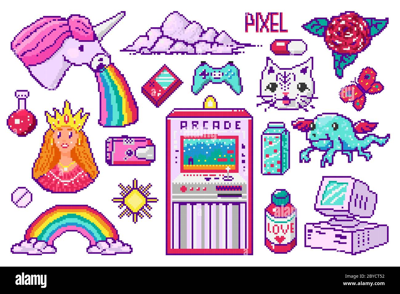 Pixel art 8 bit objects. Retro digital game assets. Set of Pink fashion icons. Vintage girly stickers. Arcades Computer video. Characters dinosaur Stock Vector