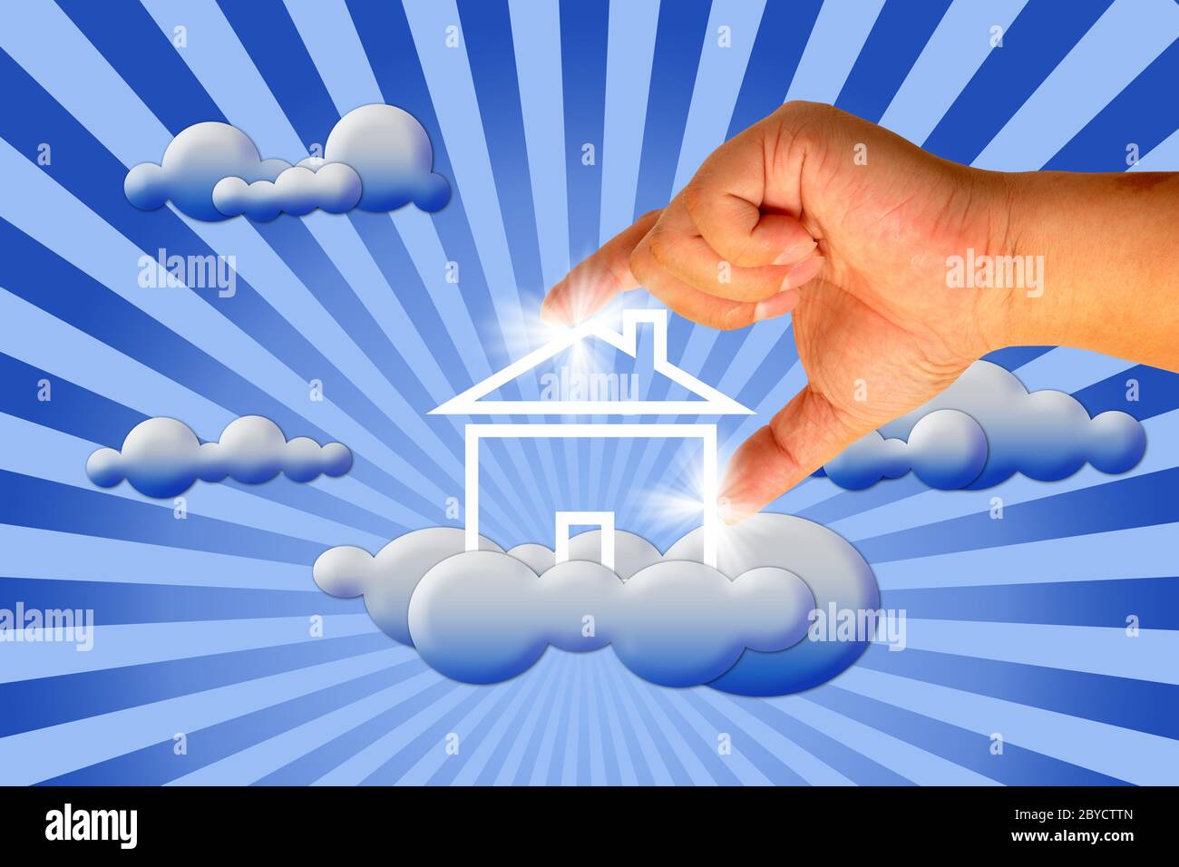 House in clouds with hand Stock Photo - Alamy