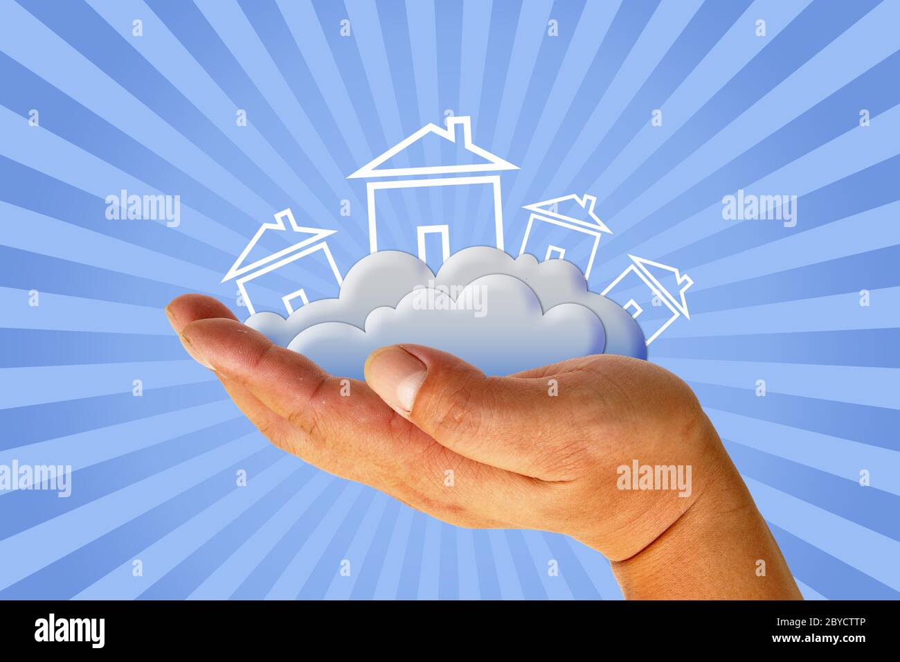 House in clouds with hand Stock Photo - Alamy