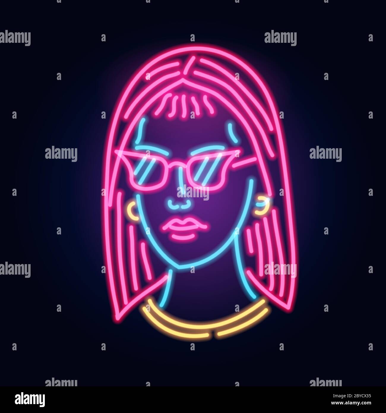 Neon Girl in glasses. Fashion sign. Night light signboard, Glowing ...