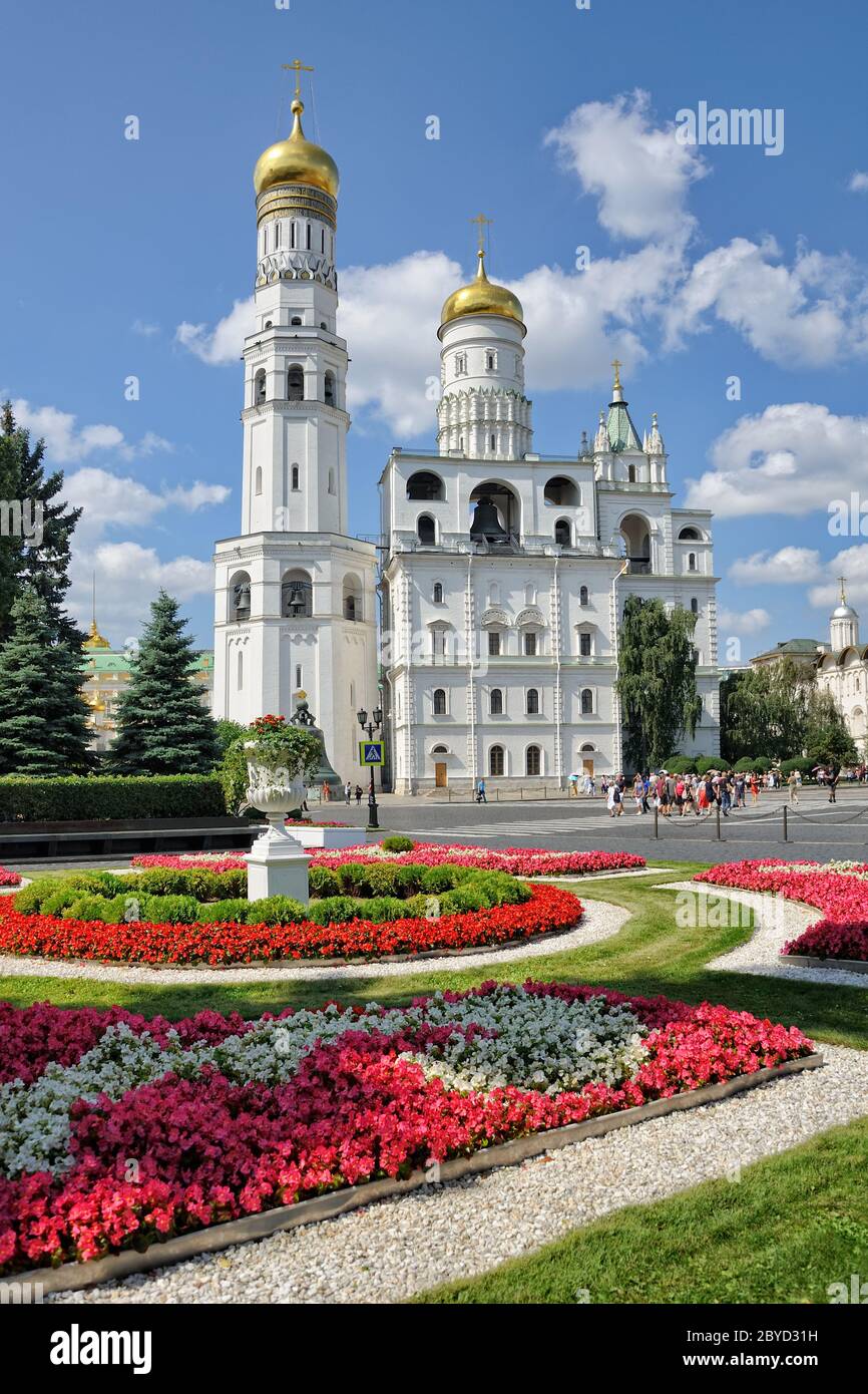 Ivan the Great Bell-Tower Complex and Flower Bed in Moscow Kremlin Stock Photo