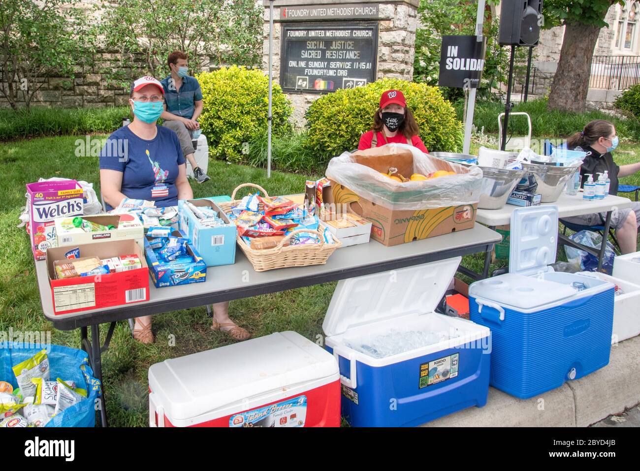 A cooling station, set up by the Foundry Methodist Church, awaits marchers in the Black Lives Matter protest in Washington, DC, June 6, 2020. Stock Photo