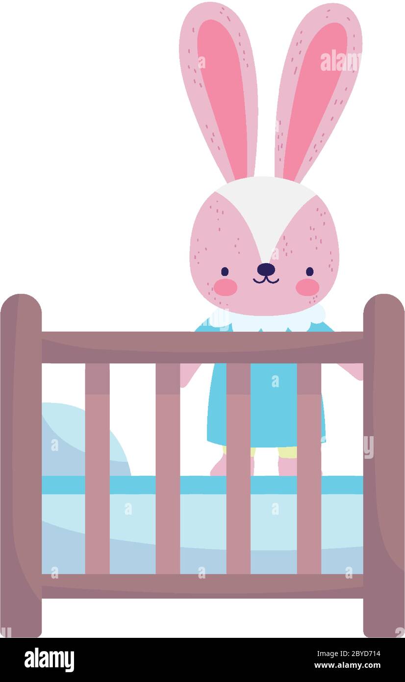 baby shower, cute bunny in crib with ball train moon cartoon, announce newborn welcome card vector illustration Stock Vector