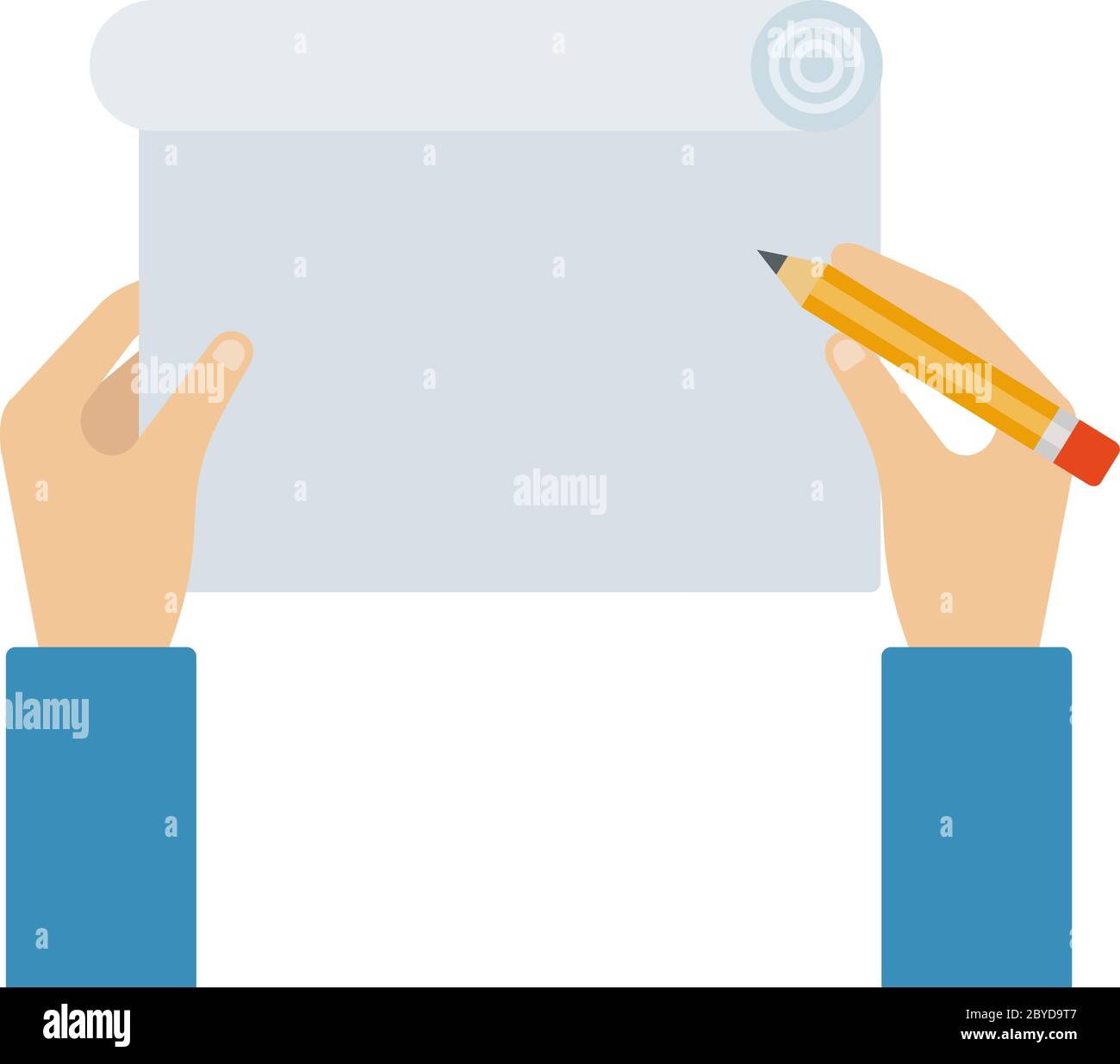 Roll of white paper with human hands and pencil flat isolated Stock ...