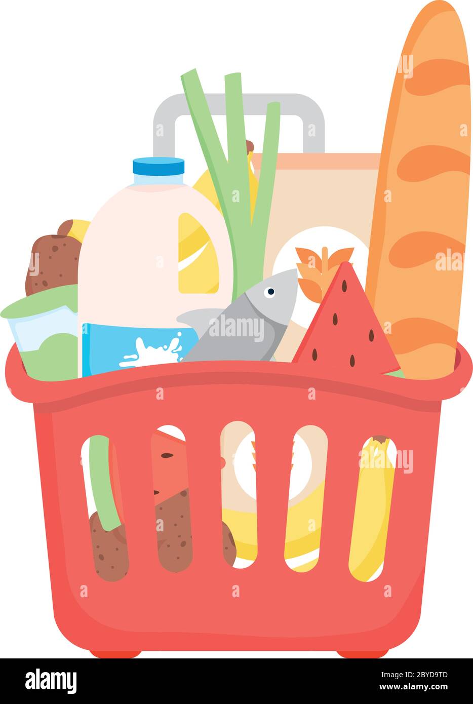 supermarket basket with food and bottles over white background ...