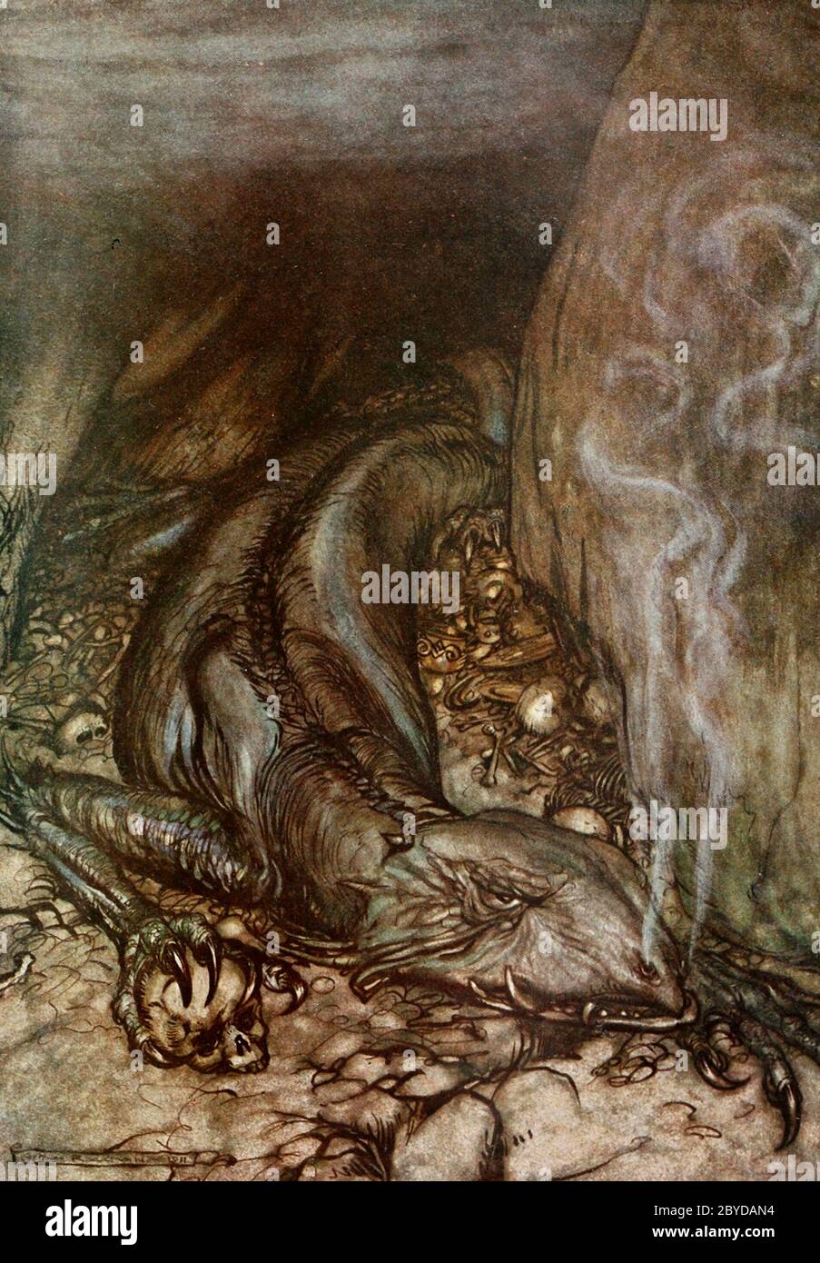 In Dragon's form, Fafner now watches the hoard, from Siegfried - Arthur Rackham, circa 1911 Stock Photo