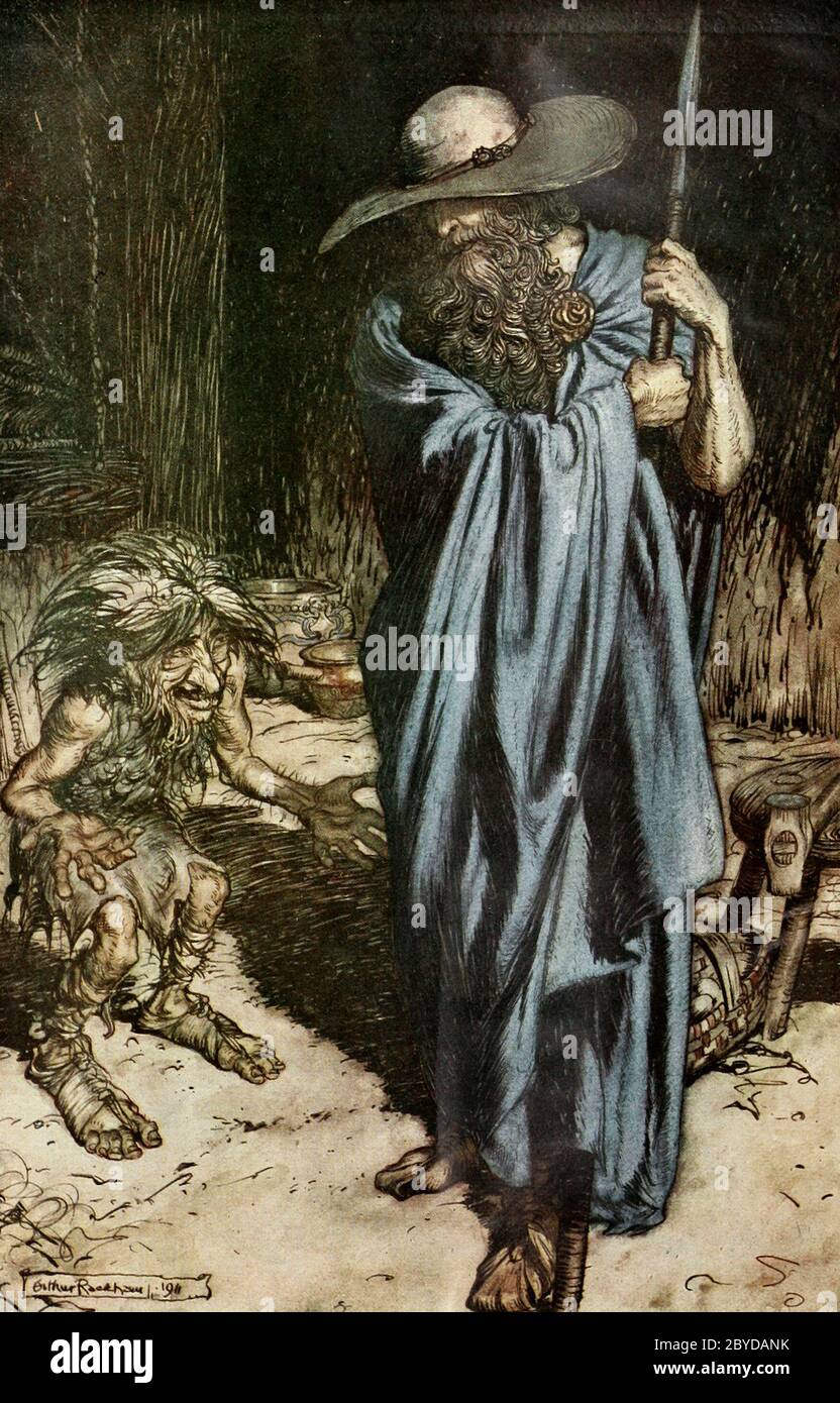 Mime and the Wanderer in Siegfried - Arthur Rackham, circa 1911 Stock Photo