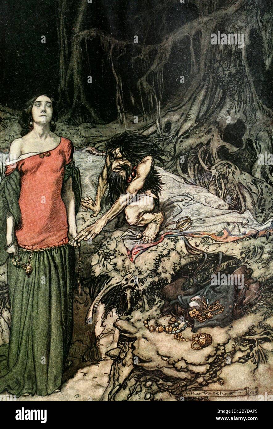 The wooing of Grimhilde, the mother of Hagen from the Twilight of the Gods - Arthur Rackham, 1911 Stock Photo