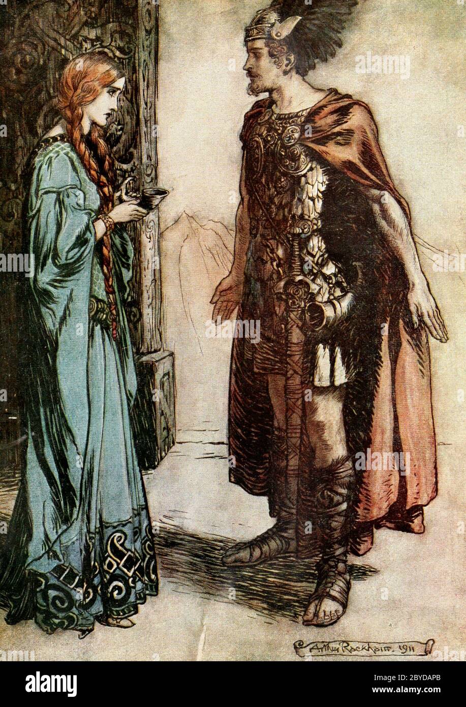 Siegfried hands the drinking horn back to Gutrune, and gazes at her with sudden passion from The Twilight of the Gods - Arthur Rackham, 1911 Stock Photo