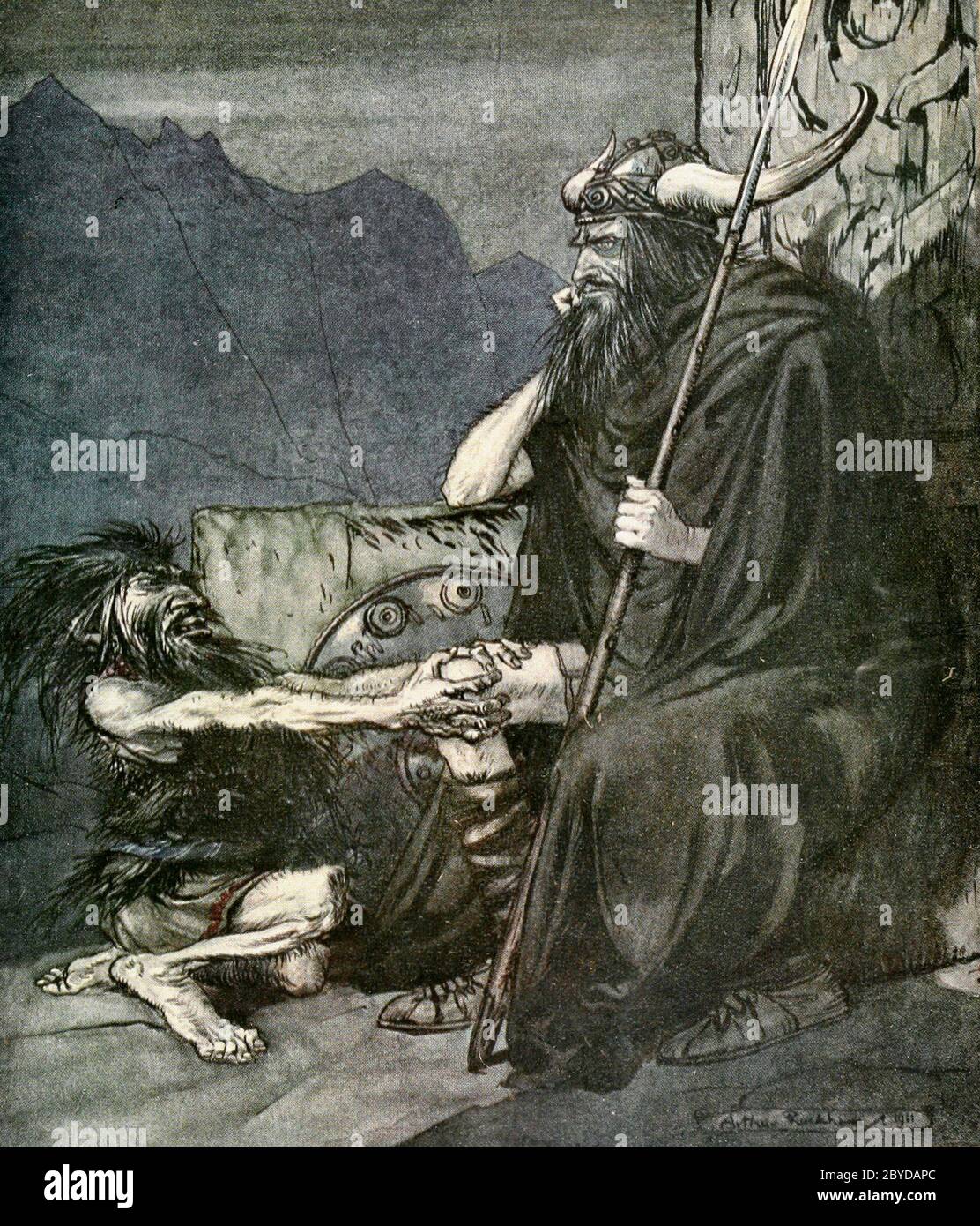 Swear to me Hagen, my son - from Twilight of the Gods - Arthur Rackham, 1911 Stock Photo
