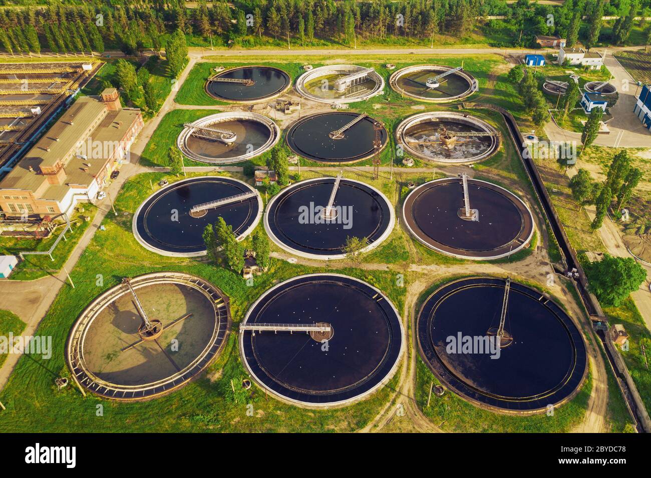 Wastewater treatment plant, round pools for filtration of dirty or