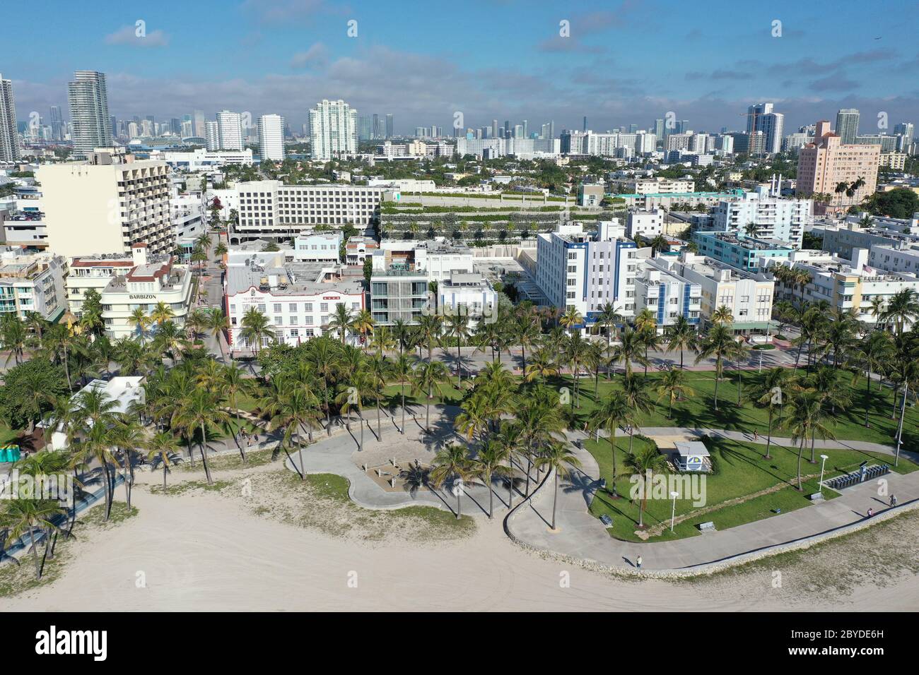 Aerial view of South Beach and Lummus Park in Miami Beach, Florida duing coronavirus beach, hotel, park and restaurant closures on sunny morning. Stock Photo