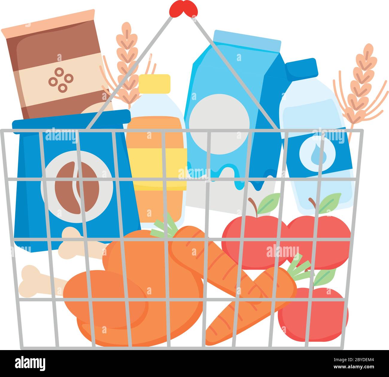 metal shopping bag with grocery products and vegetables over white