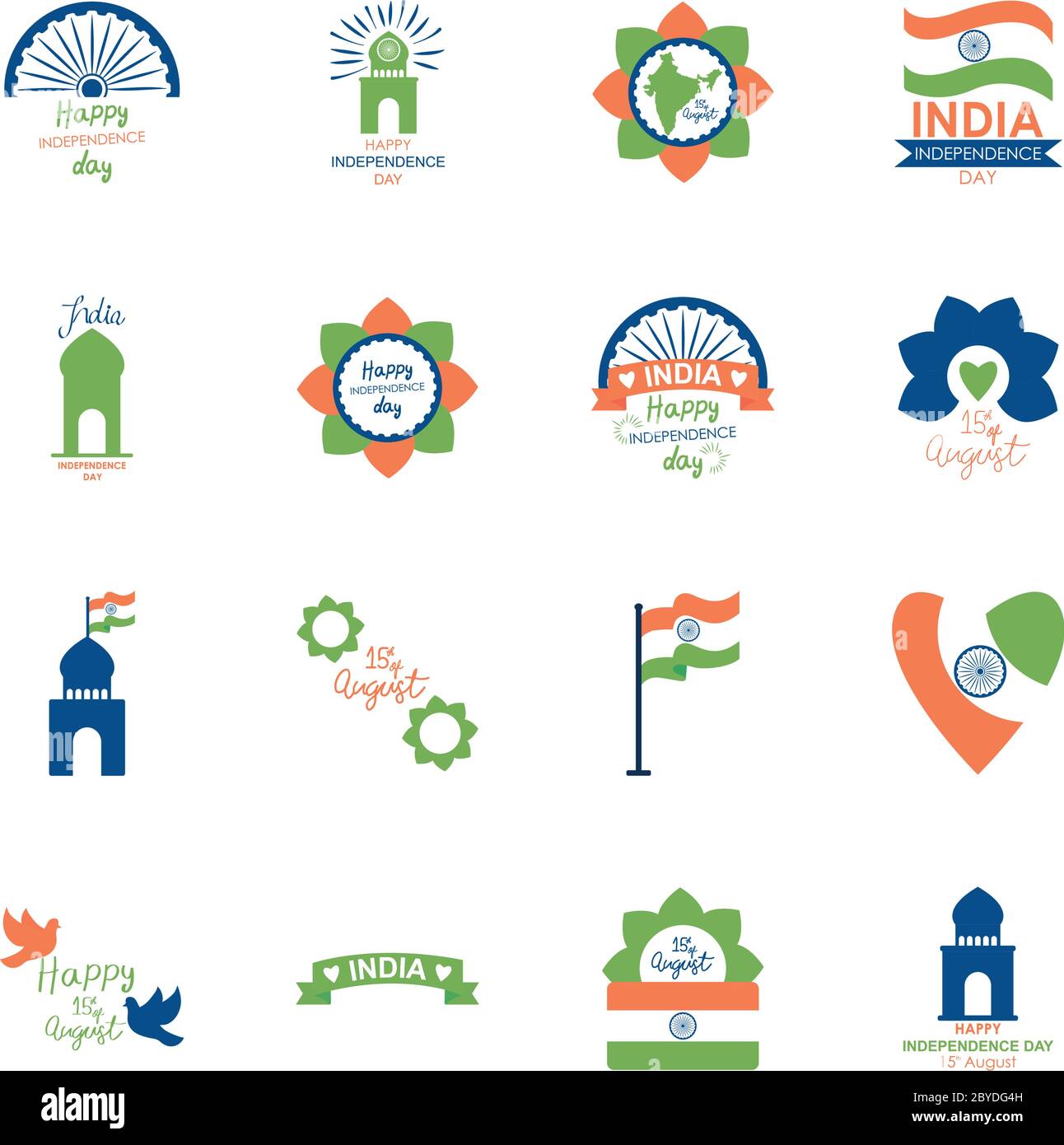 decorative ribbons and India independence day icon set over white ...