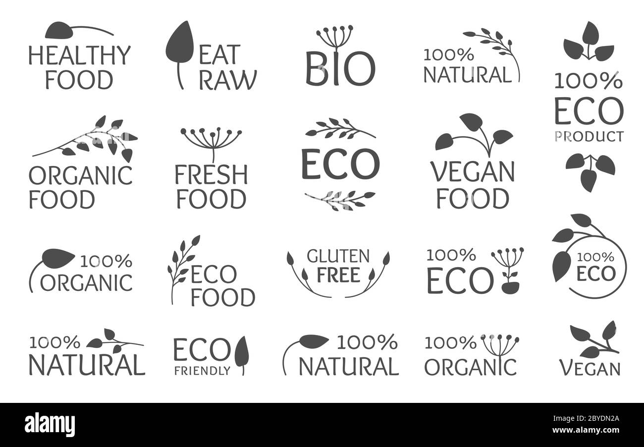 Eco black logo set, icon with leaves. Emblem symbol for organic natural product, bio, gluten free, eat raw. Sign for print badges, tag packaging. Vegan fresh, healthy food Isolated vector illustration Stock Vector