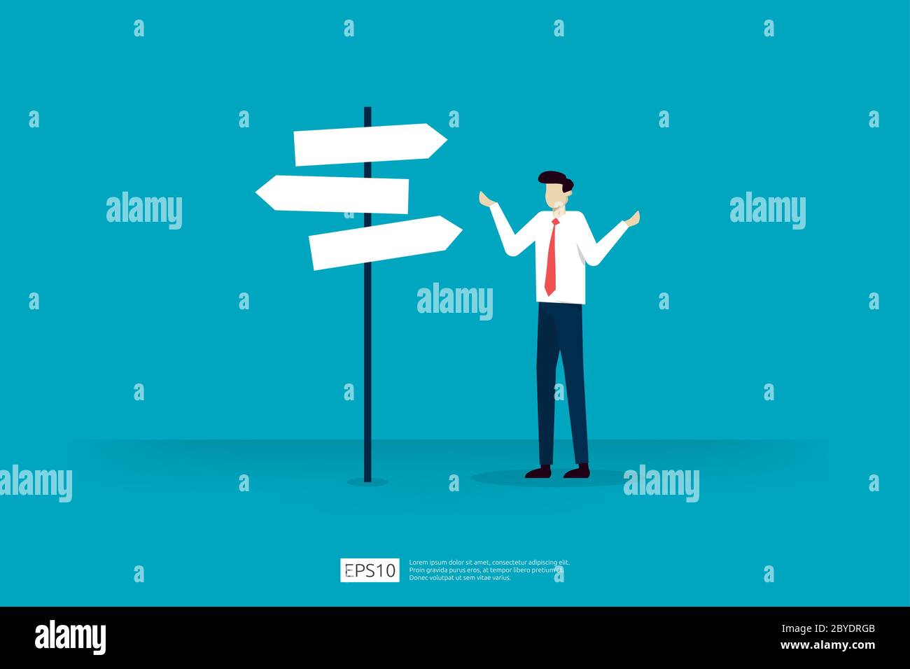 businessman and question mark vector illustration. Business dilemma, decision, challenge and solution vision concept. Stock Vector