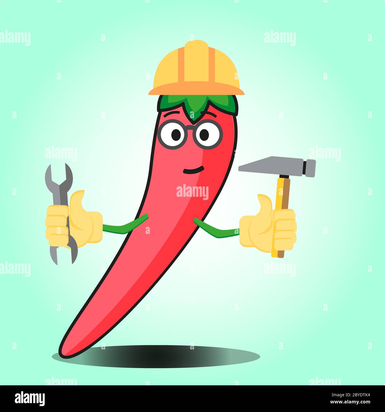 Cute mexican chili engineer cartoon face character with hat, wrench and flower hammer design Stock Vector