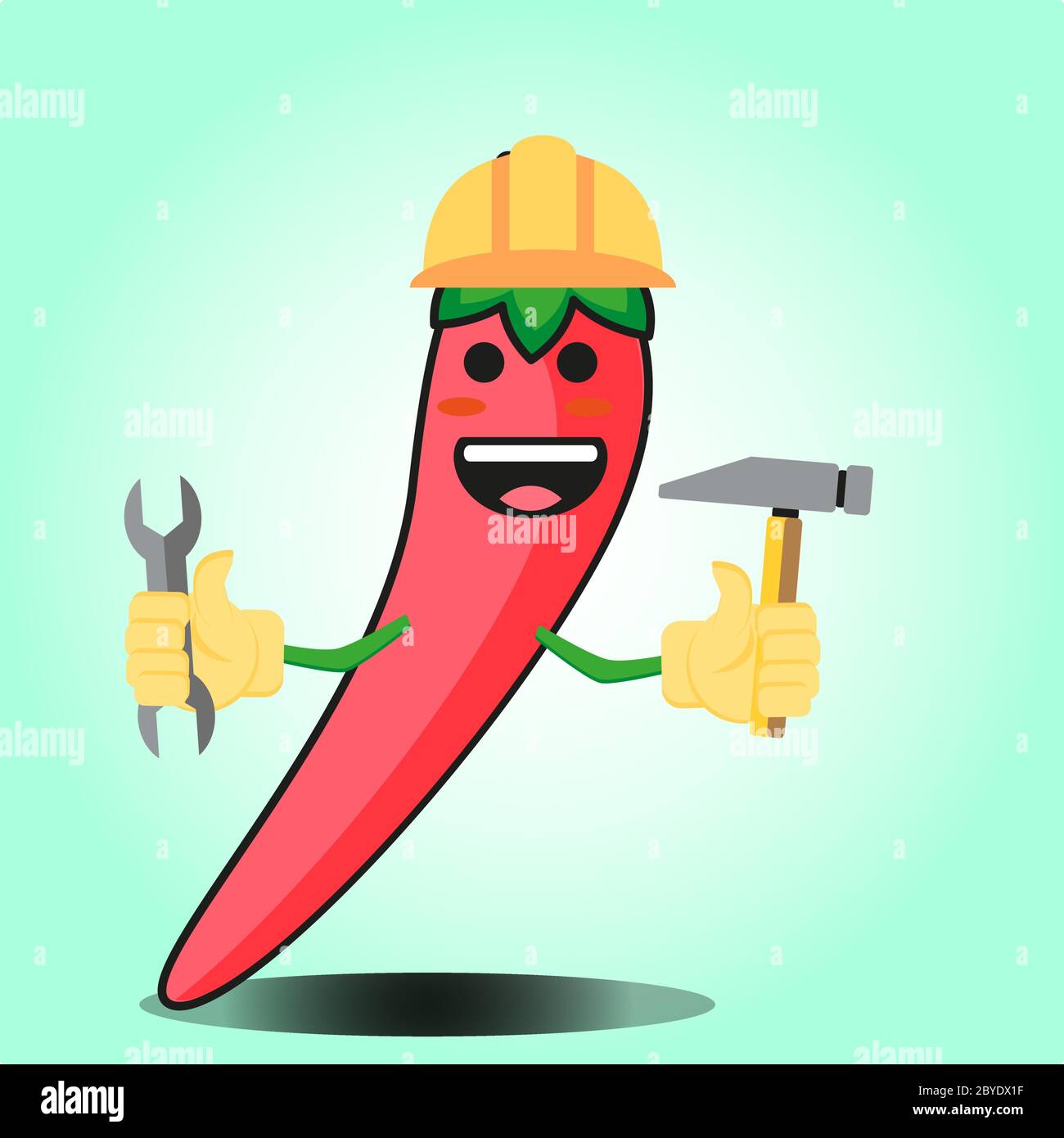 Cute mexican chili engineer cartoon face character with hat, wrench and flower hammer design Stock Vector