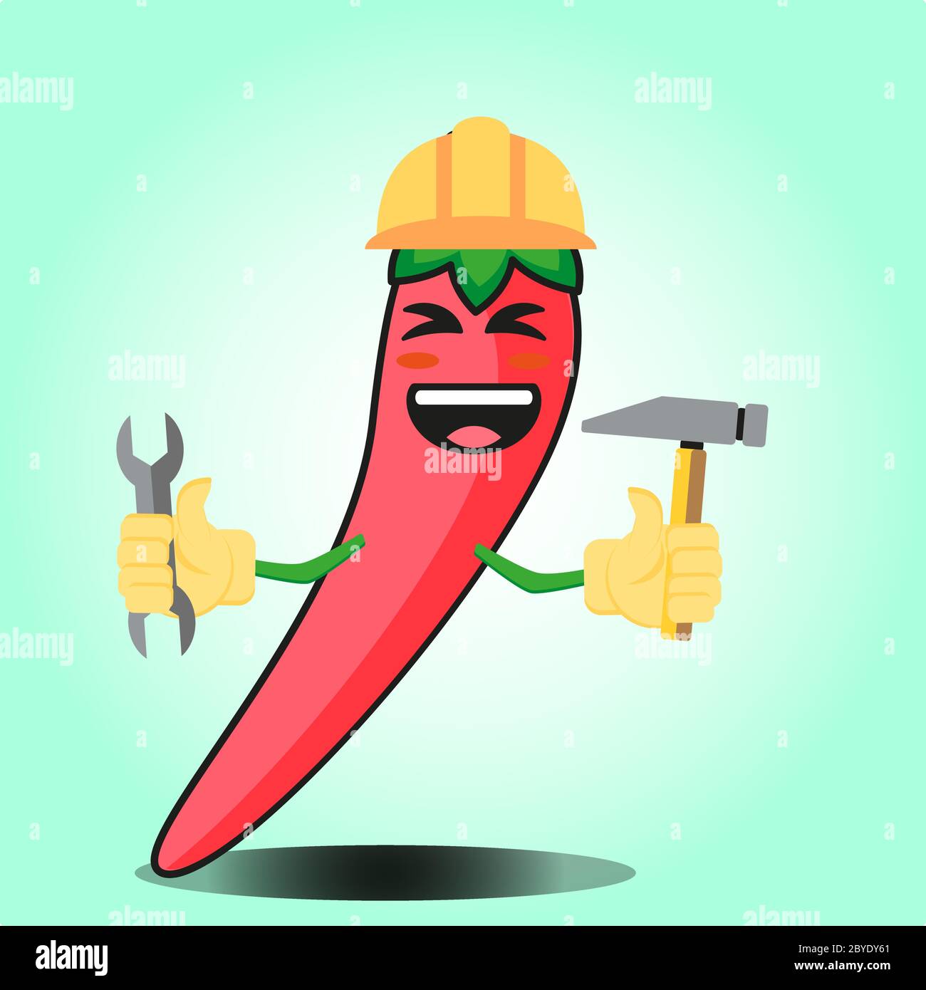 Cute mexican chili engineer cartoon face character with hat, wrench and flower hammer design Stock Vector