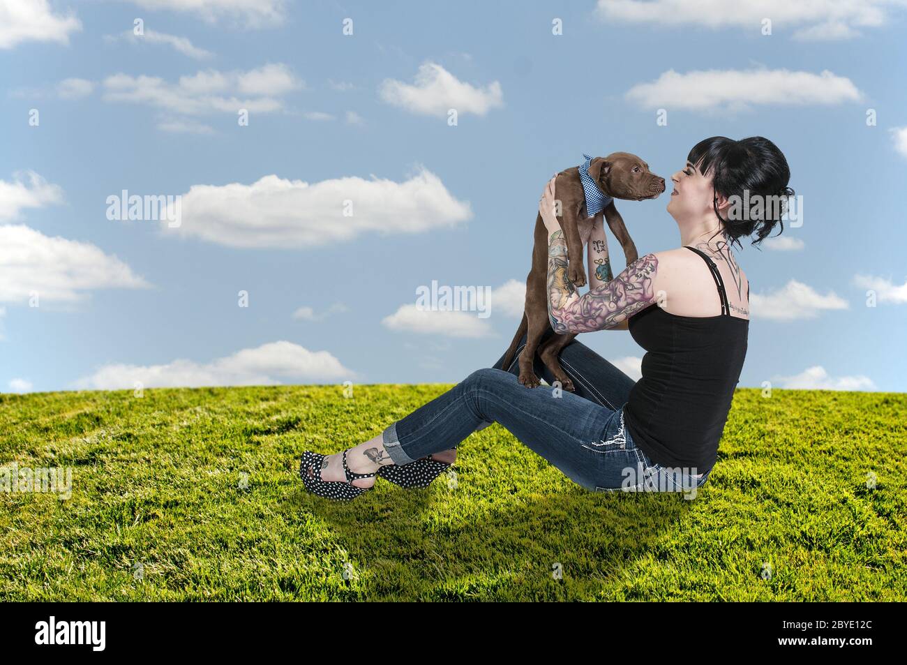 Beautiful Woman and Pit Bull Puppy Stock Photo Alamy