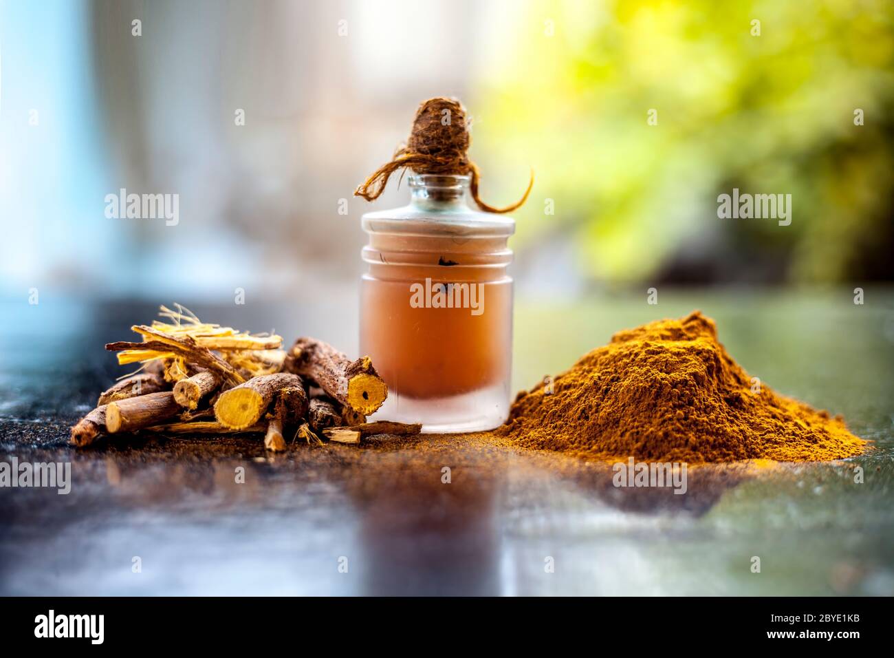 Shot of Rheum emodi or Revand Chini along with its oil and raw powder on a black glossy surface. Stock Photo