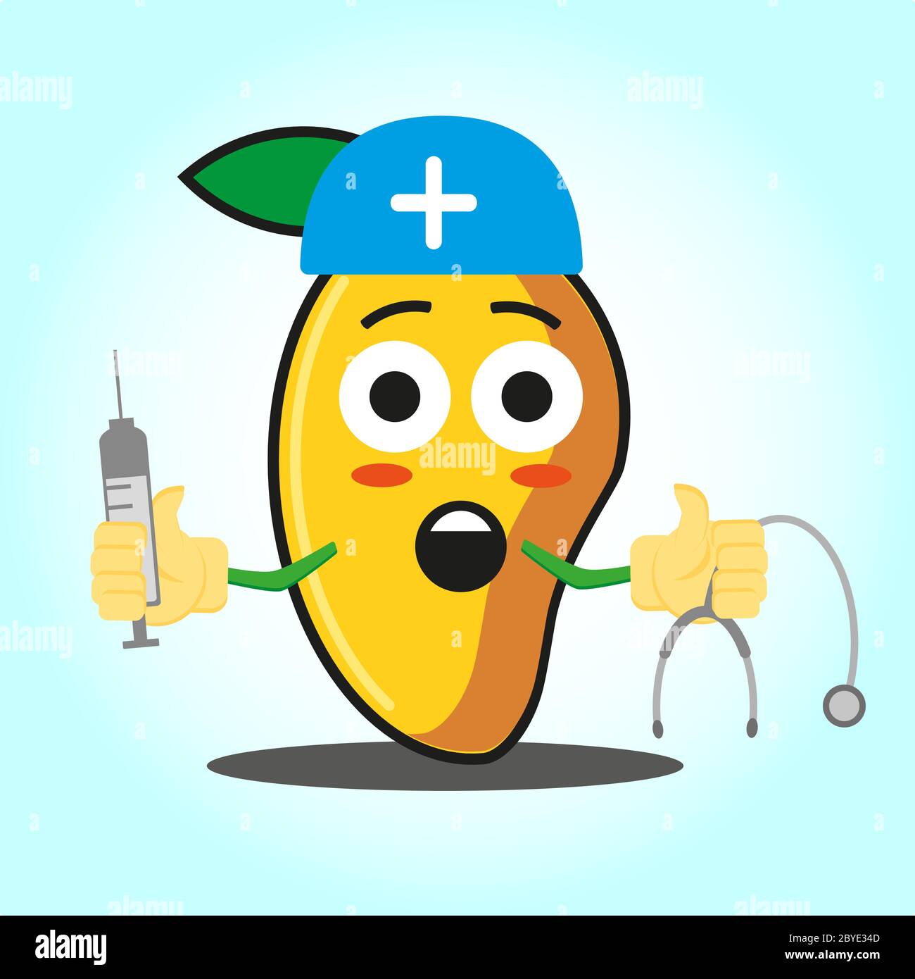 Cute mango doctor cartoon face character with stethoskop and syringe image design Stock Vector