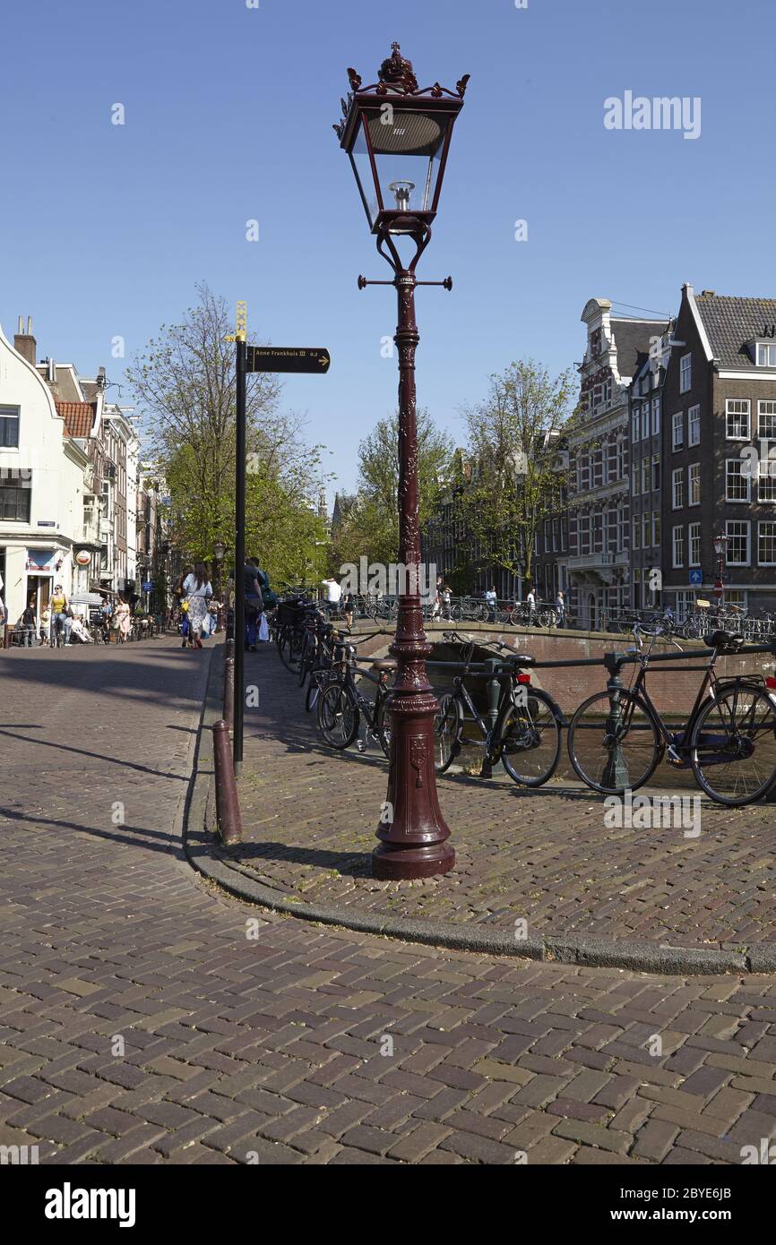 Amsterdam, Netherlands - Lantern and signpost to the Anne Frank House Stock Photo