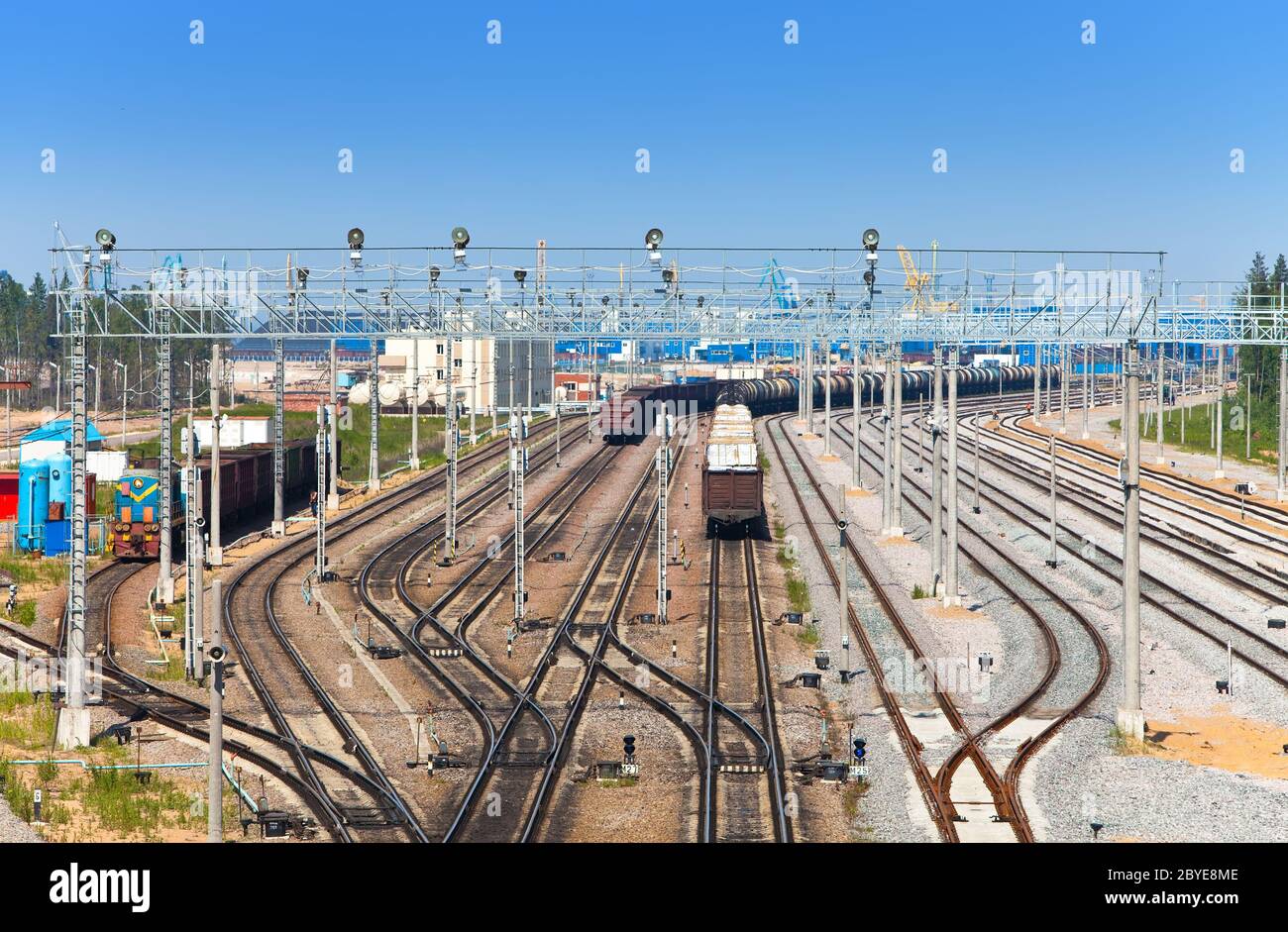 Railway sorting station - rails and trains Stock Photo