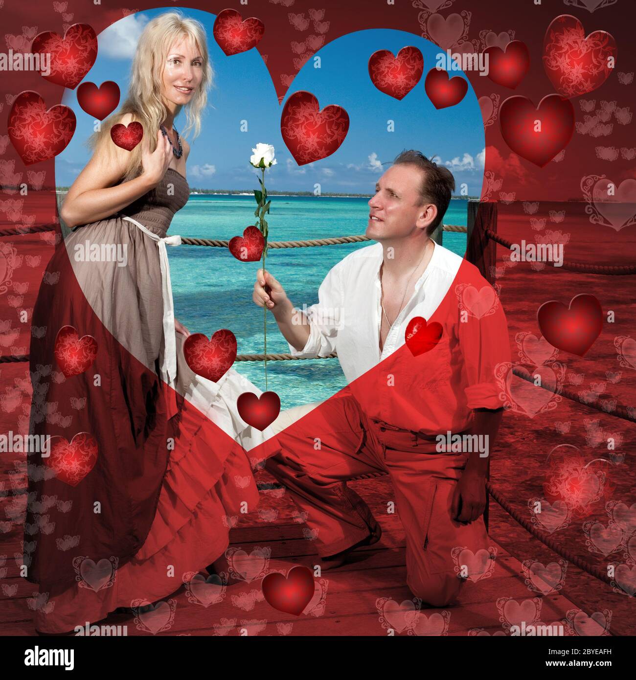 Loving couple and hearts in red color Stock Photo