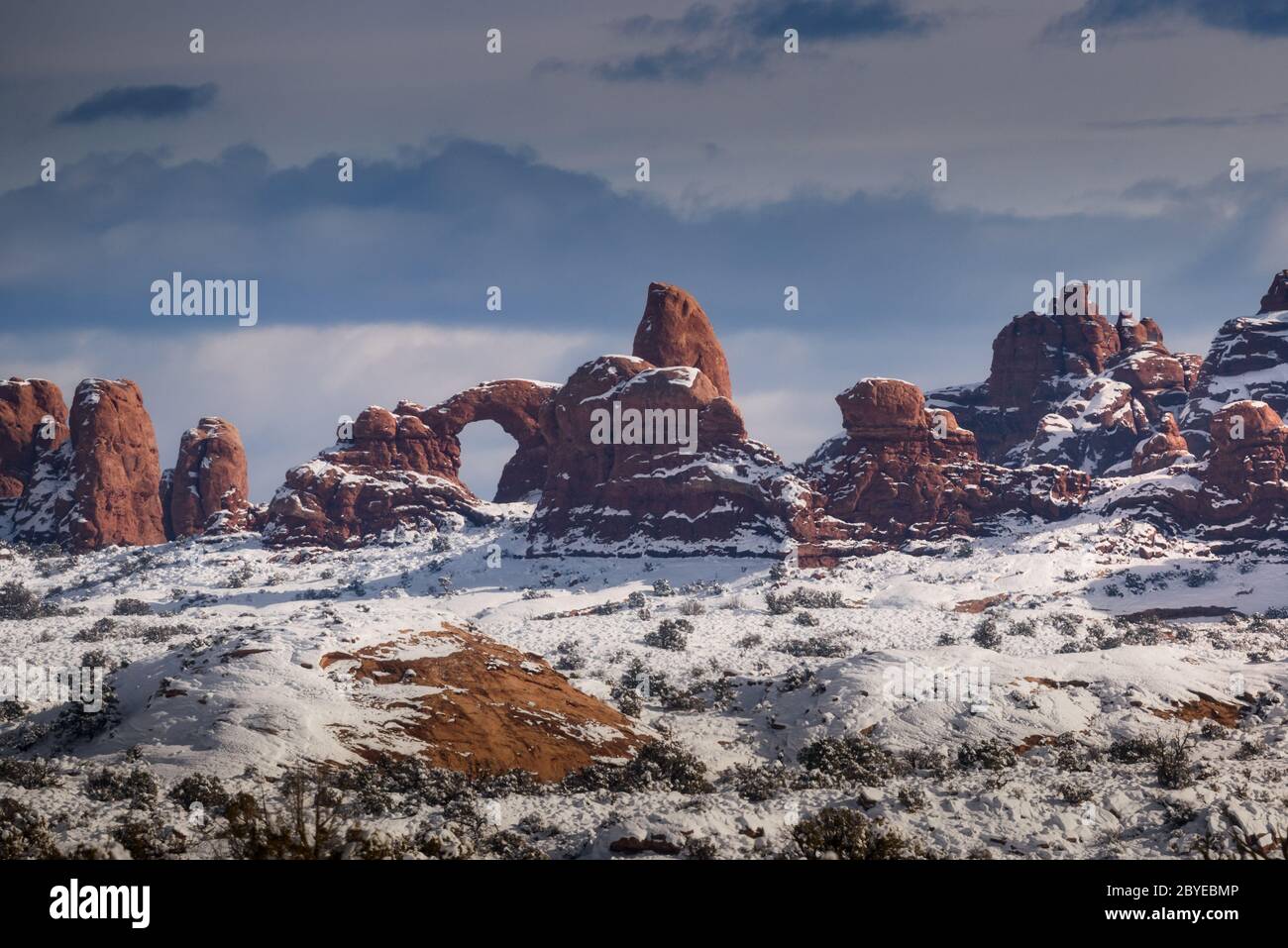 Snow scence of Arches National Park, Utah, during winter. Stock Photo