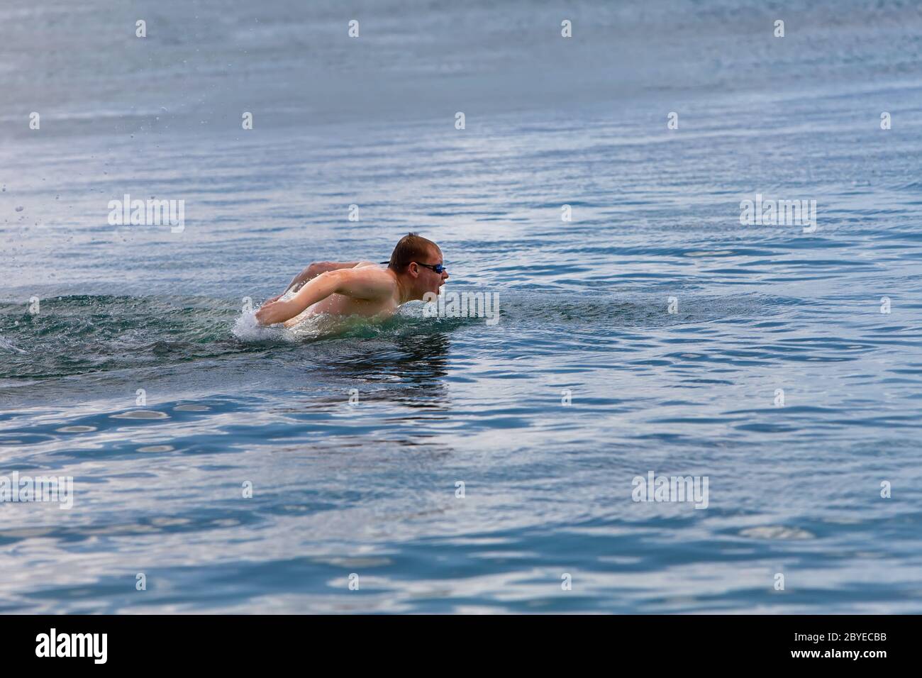 young sporting man swims in the sea dolphin style. Stock Photo