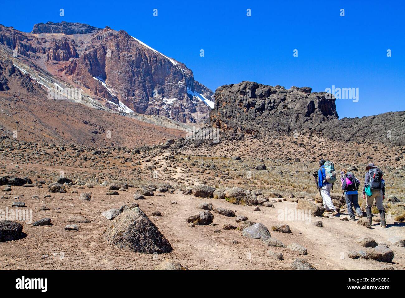 Hikers approaching Lava Tower on Mt Kilimanjaro Stock Photo