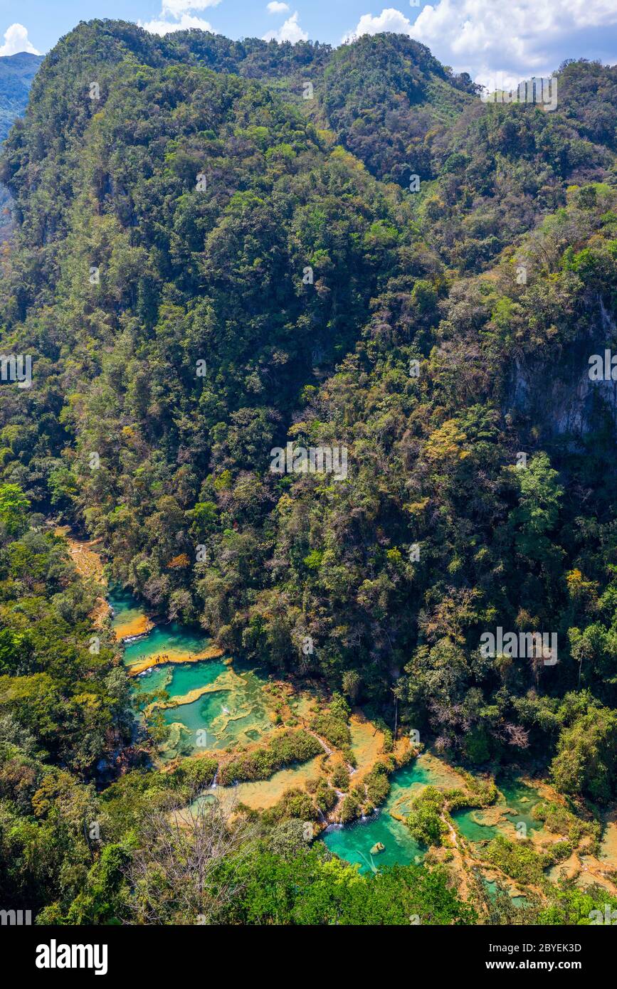 Aerial landscape of the Semuc Champey Cascades along the Cahabon river, Peten Rainforest, Guatemala. Stock Photo