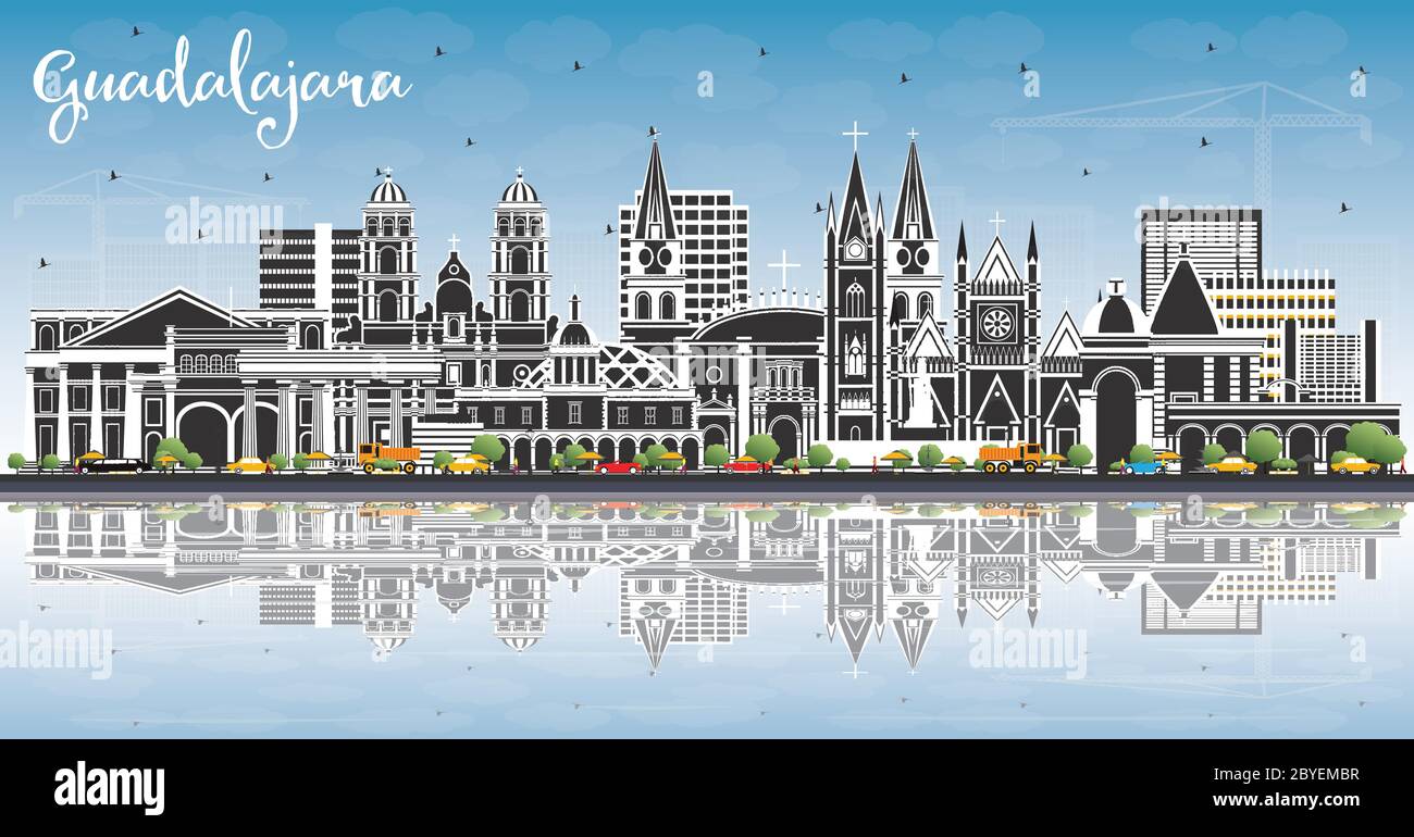 Guadalajara Mexico City Skyline with Color Buildings, Blue Sky and Reflections. Vector Illustration. Stock Vector