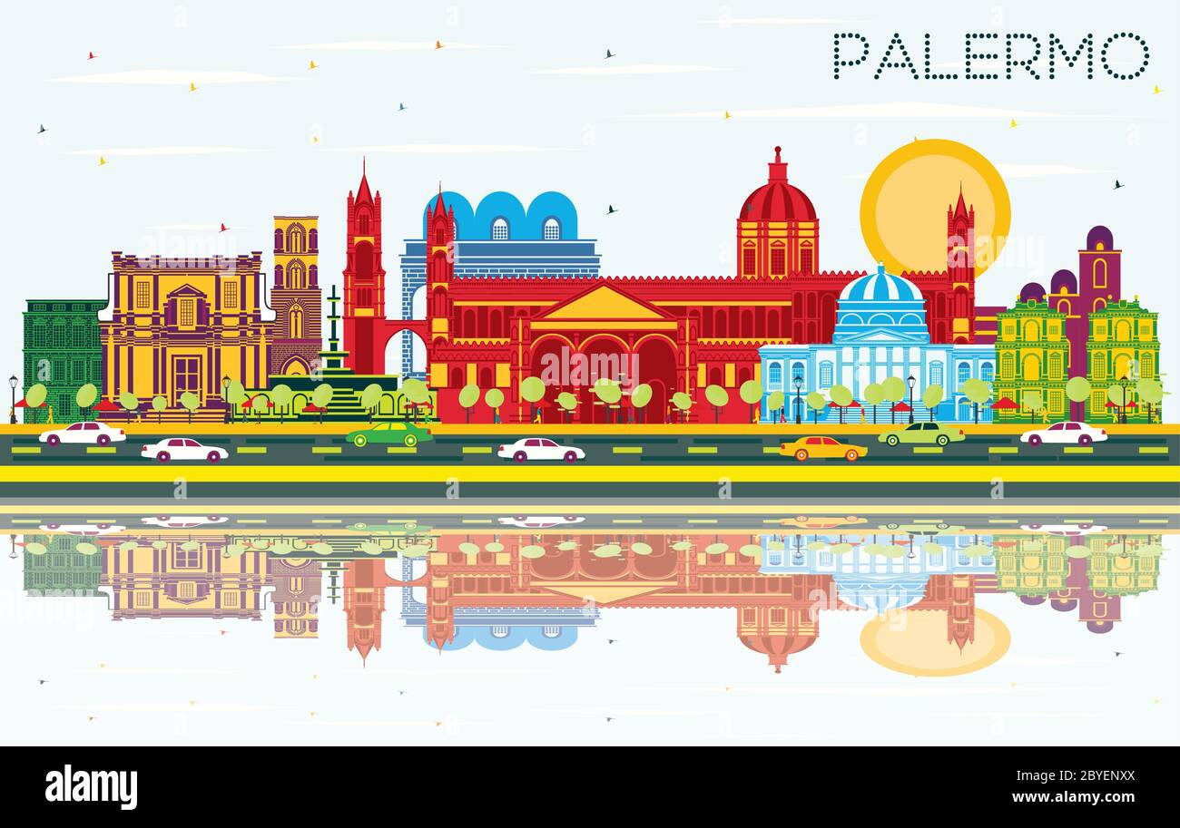 Palermo Italy City Skyline with Color Buildings, Blue Sky and Reflections. Vector Illustration. Business Travel and Tourism Concept with Historic Arch Stock Vector