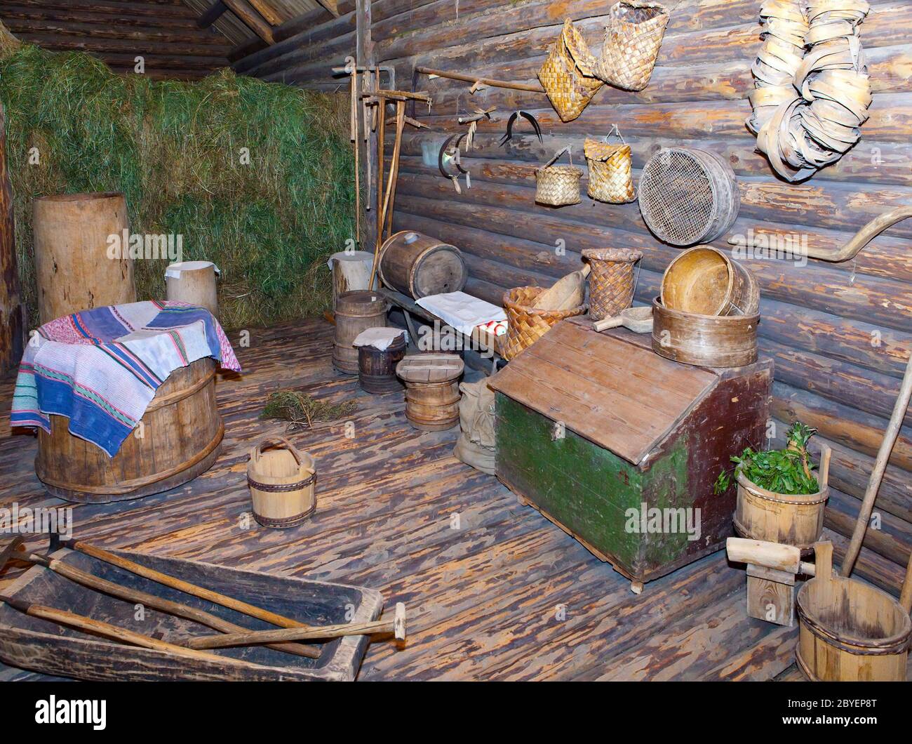 museum of  ancient wooden architecture, log hut in Stock Photo